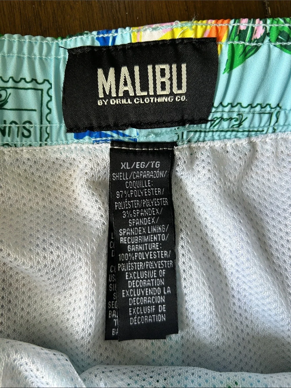 Malibu by Drill Clothing Co. swim trunks w/ all-over vacation postcard print, XL